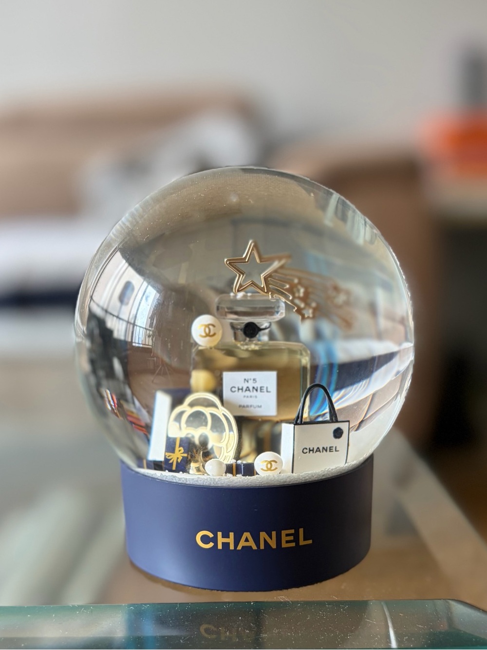 CHANEL Navy and Gold Snow Globe with Miniature N°5 Perfume and Icons